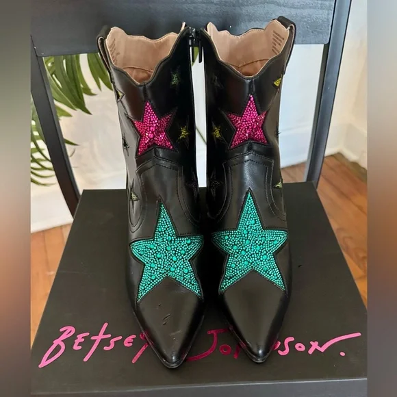 Betsey Johnson Edison Black Rhinestone Star Women's Boots  Size 8.5 - Picture 2 of 10